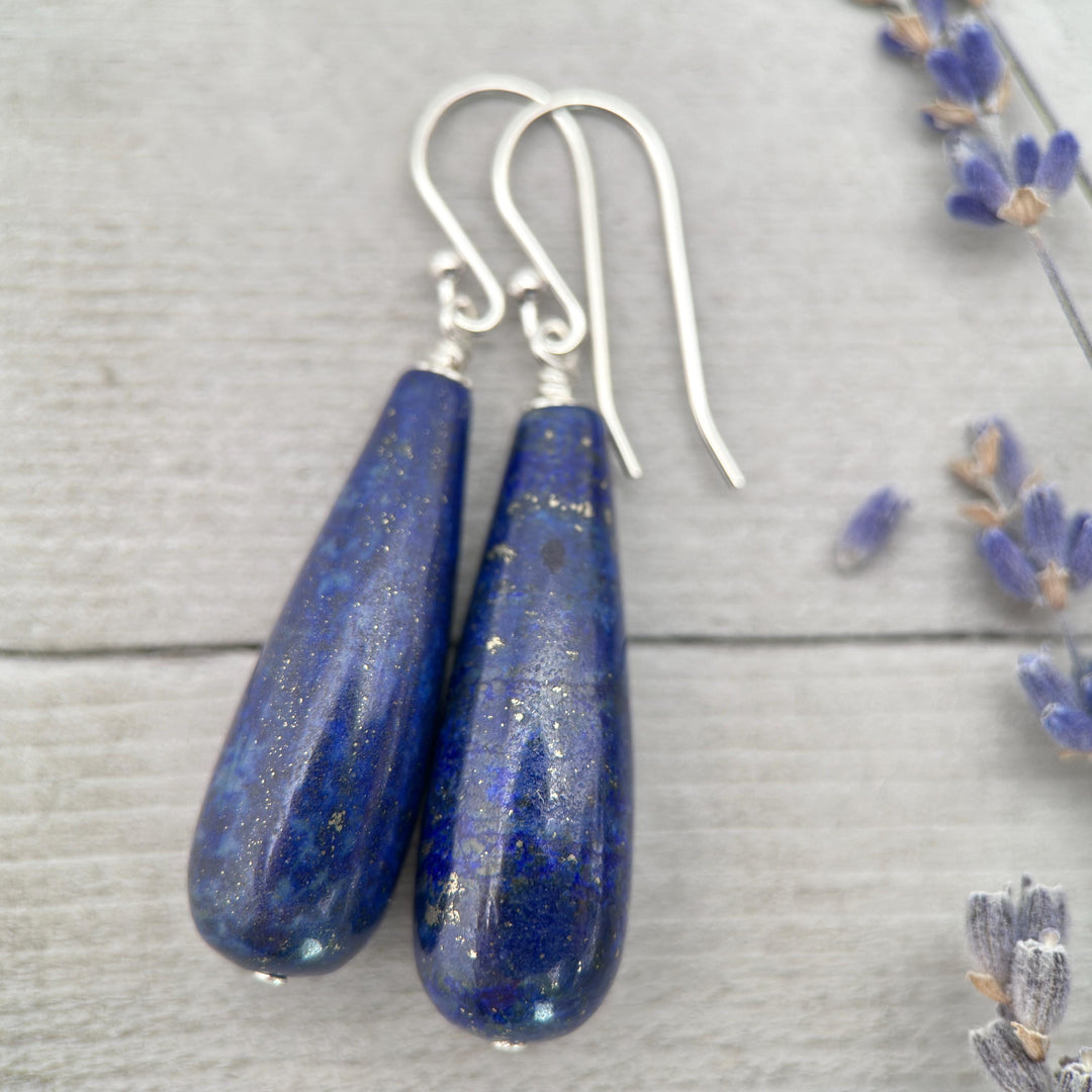 Lapis Lazuli Drop and Solid 925 Sterling Silver Earrings - SunlightSilver