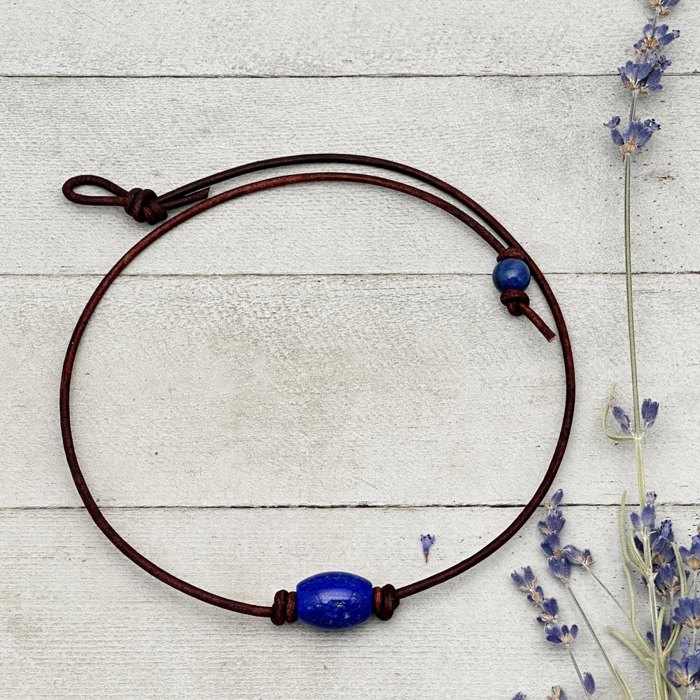 Lapis Lazuli and Rustic Brown Leather Choker Necklace - SunlightSilver