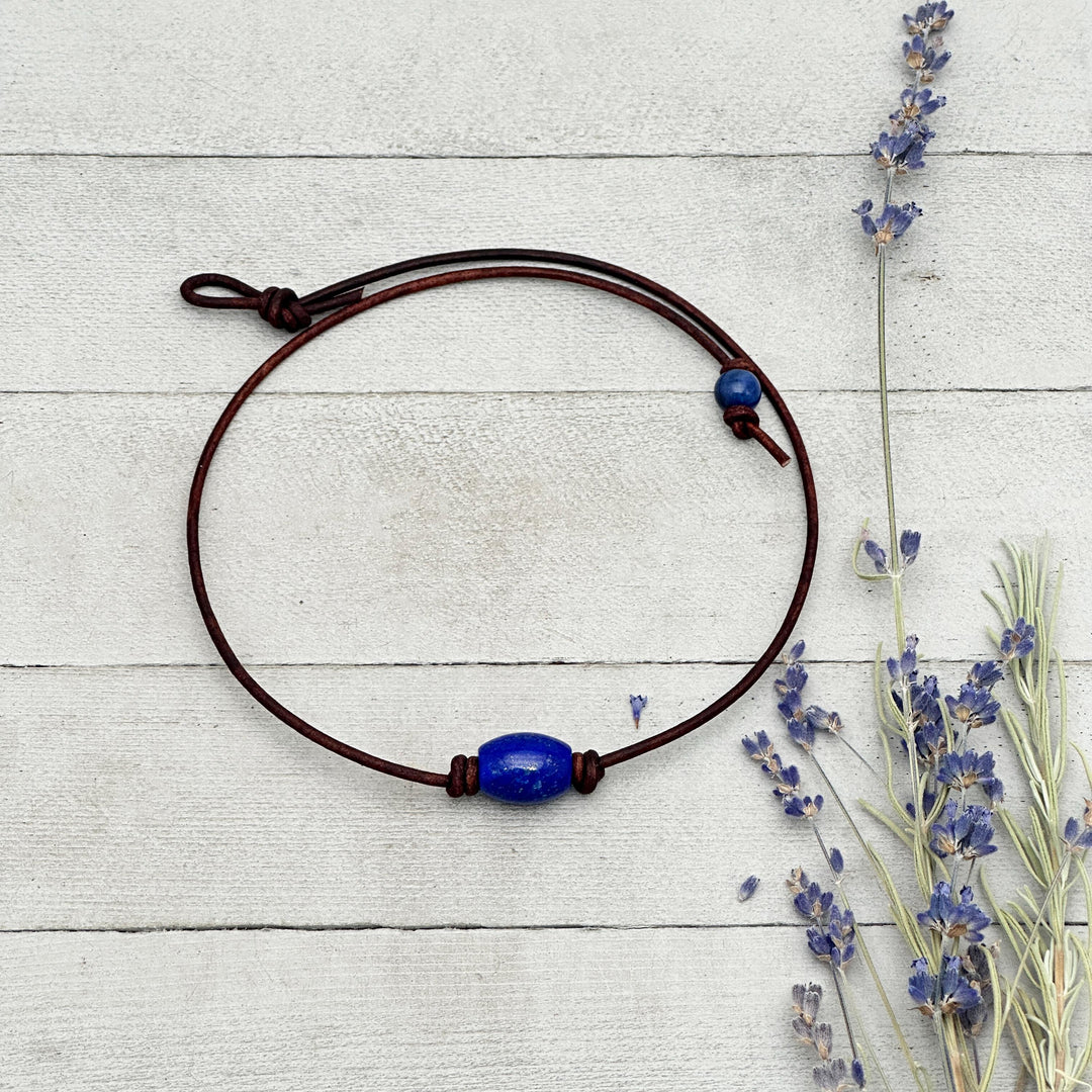 Lapis Lazuli and Rustic Brown Leather Choker Necklace - SunlightSilver