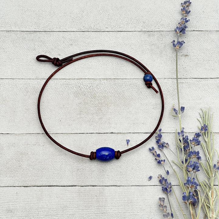 Lapis Lazuli and Rustic Brown Leather Choker Necklace - SunlightSilver