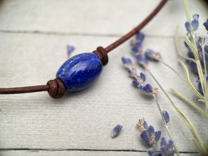 Lapis Lazuli and Rustic Brown Leather Choker Necklace - SunlightSilver