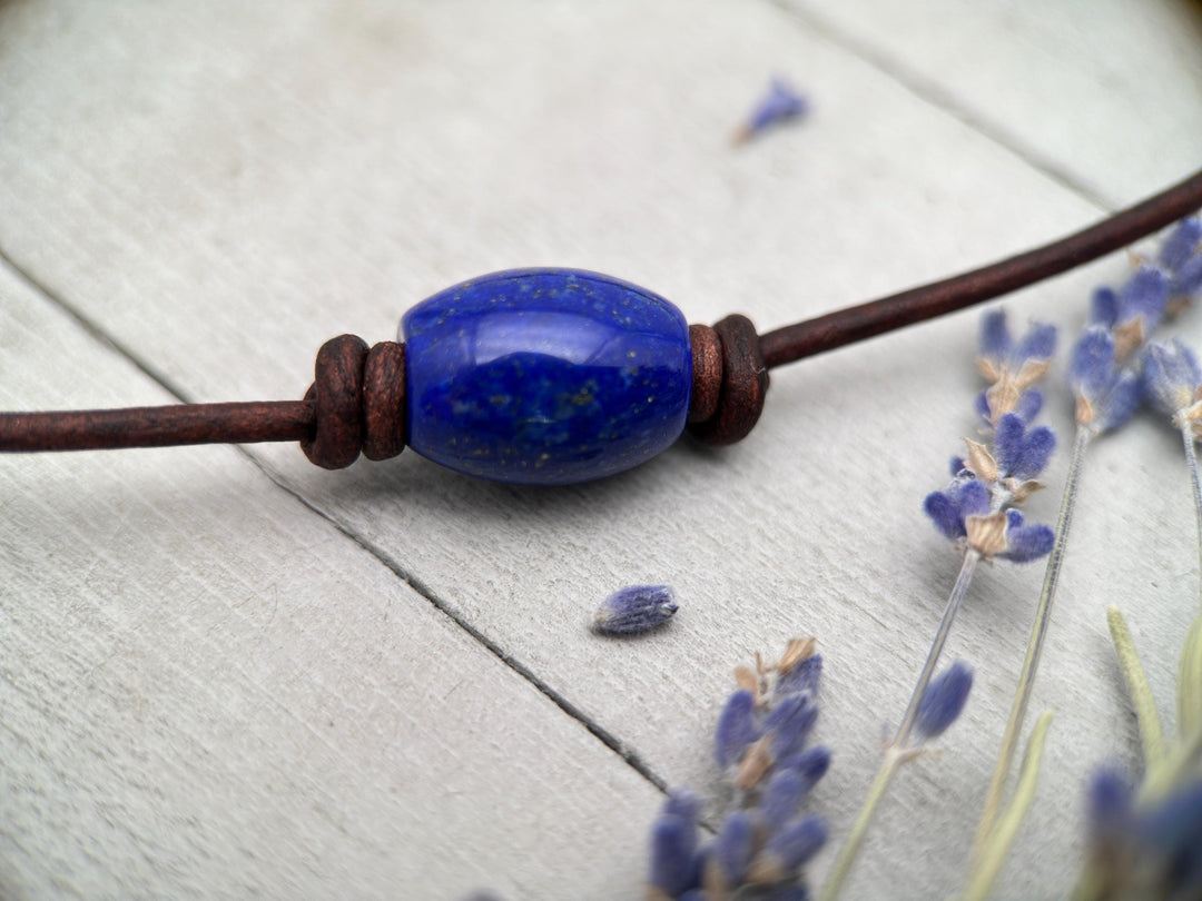 Lapis Lazuli and Rustic Brown Leather Choker Necklace - SunlightSilver