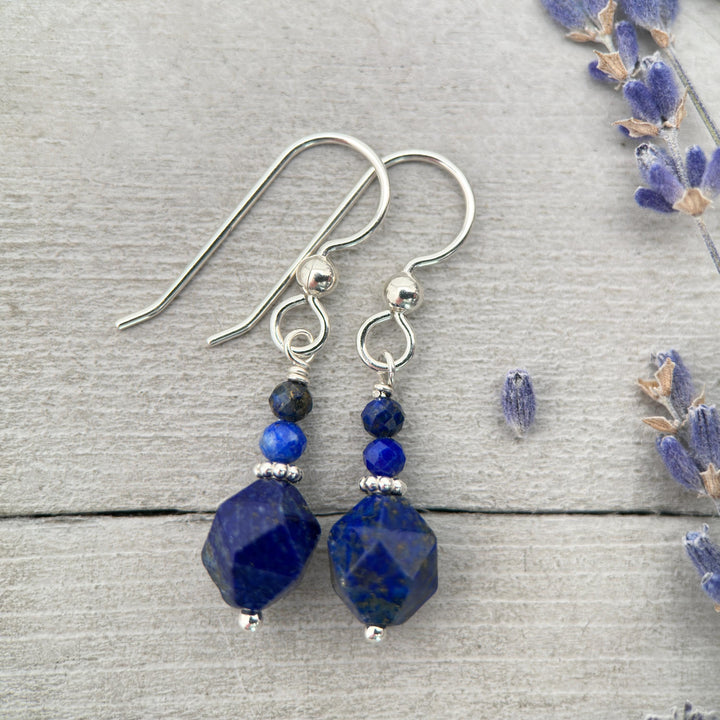 Faceted Lapis Lazuli and Solid 925 Sterling Silver Earrings - SunlightSilver