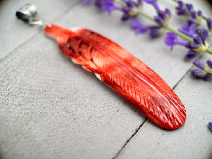 Large Carved Red Spiny Oyster Feather and Sterling Silver Pendant - SunlightSilver