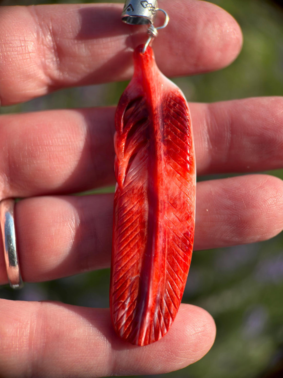 Large Carved Red Spiny Oyster Feather and Sterling Silver Pendant - SunlightSilver