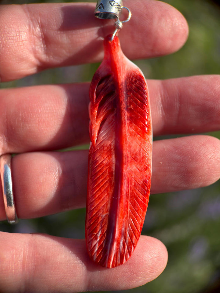 Large Carved Red Spiny Oyster Feather and Sterling Silver Pendant - SunlightSilver