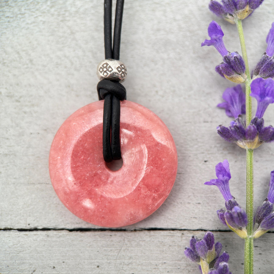 Rhodochrosite Donut and Black Leather Necklace - SunlightSilver