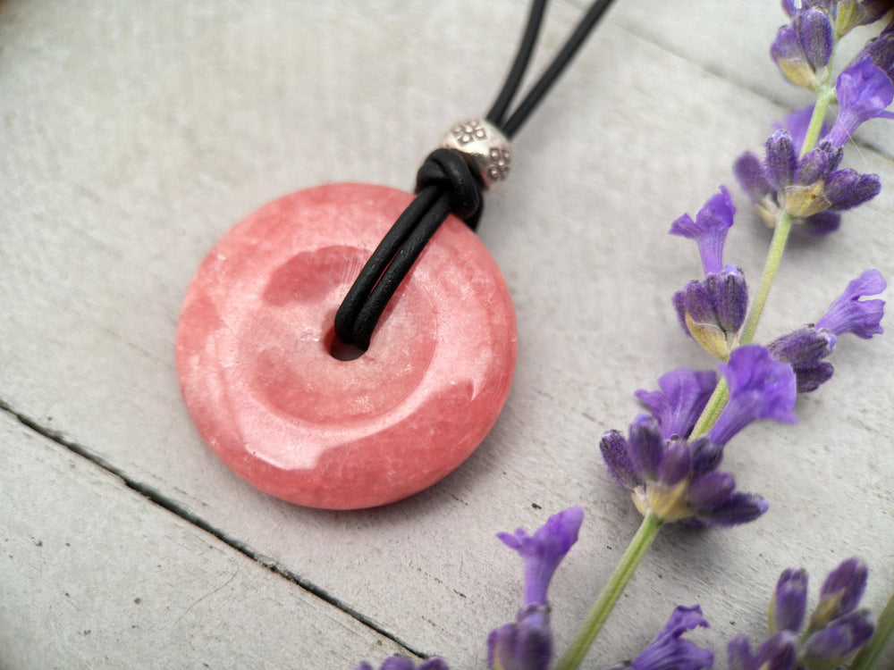 Rhodochrosite Donut and Black Leather Necklace - SunlightSilver