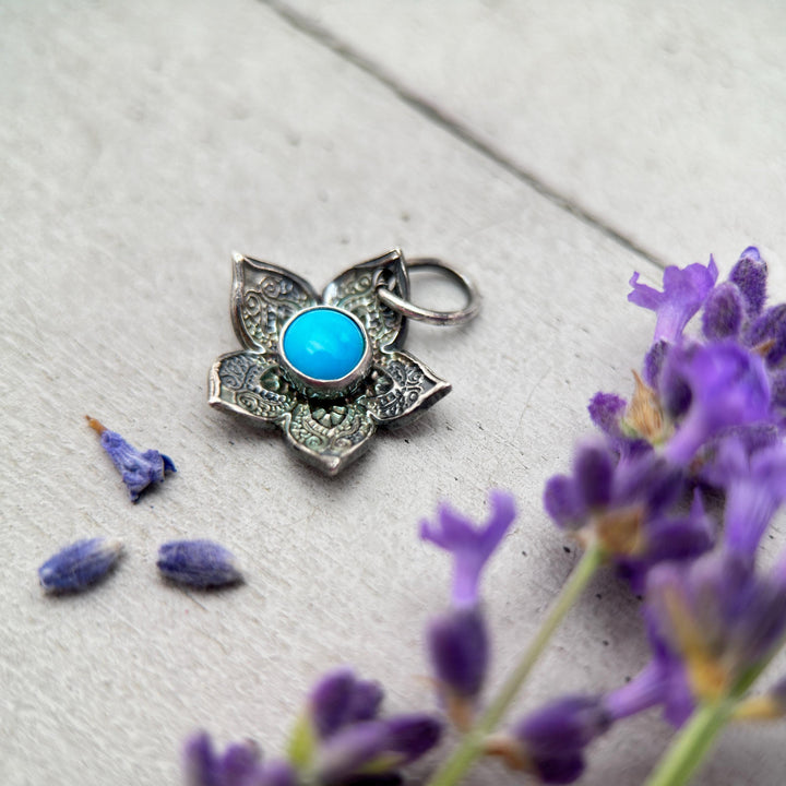 Small Blue Ridge Turquoise and Sterling Silver Flower Charm Necklace - SunlightSilver