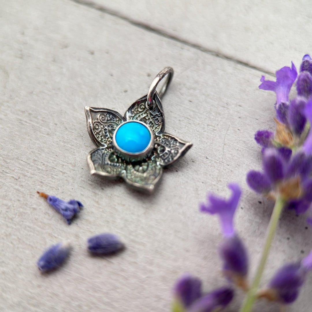 Small Blue Ridge Turquoise and Sterling Silver Flower Charm Necklace - SunlightSilver