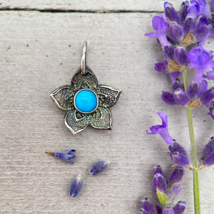 Small Blue Ridge Turquoise and Sterling Silver Flower Charm Necklace - SunlightSilver