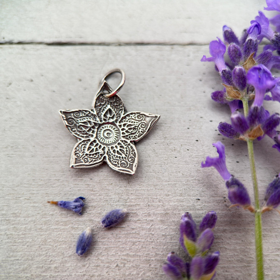 Small Sterling Silver Flower Pendant – Textured Silver Charm – Handmade Minimalist Layering Jewelry – Dainty Floral Gift for Her - SunlightSilver