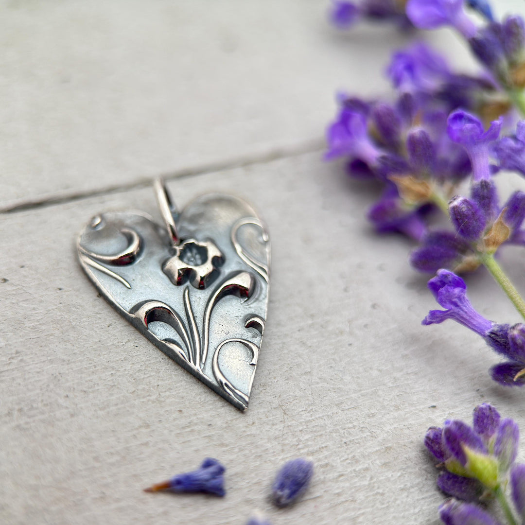 Silver Heart Necklace with Floral Design Solid 925 Sterling Silver Pendant - SunlightSilver
