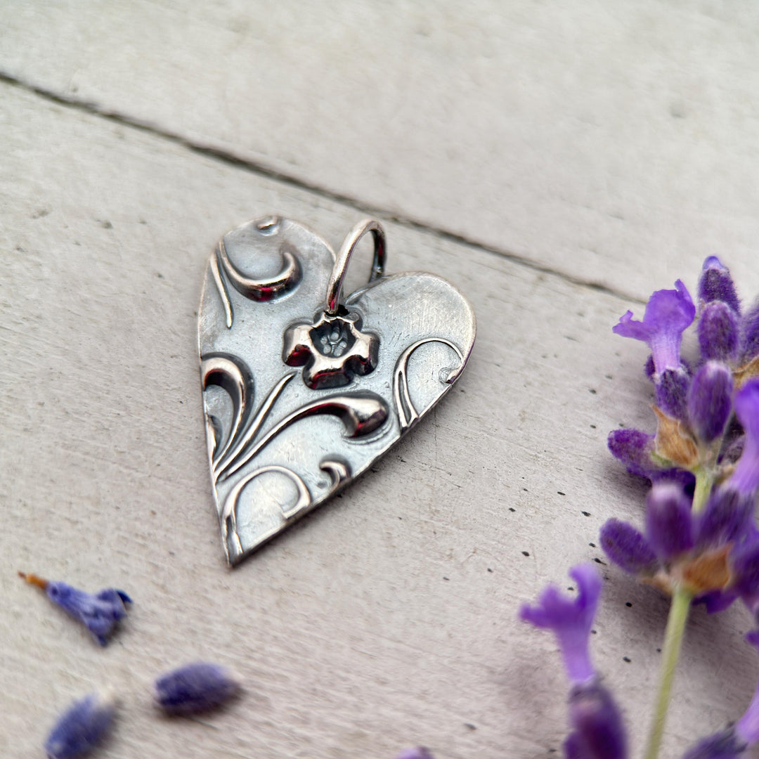 Silver Heart Necklace with Floral Design Solid 925 Sterling Silver Pendant - SunlightSilver