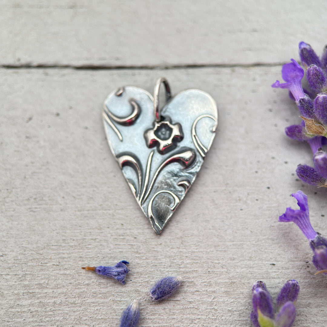 Silver Heart Necklace with Floral Design Solid 925 Sterling Silver Pendant - SunlightSilver