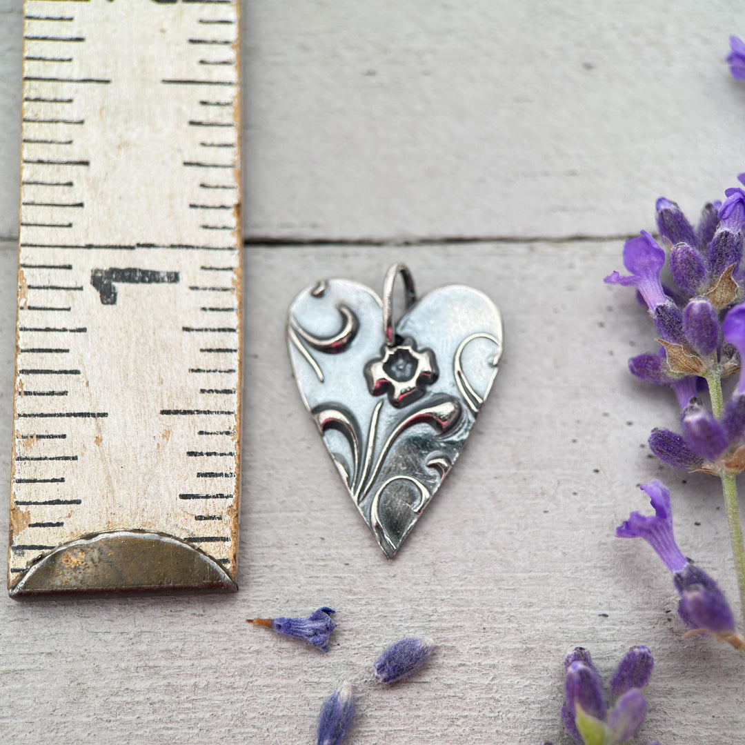 Silver Heart Necklace with Floral Design Solid 925 Sterling Silver Pendant - SunlightSilver