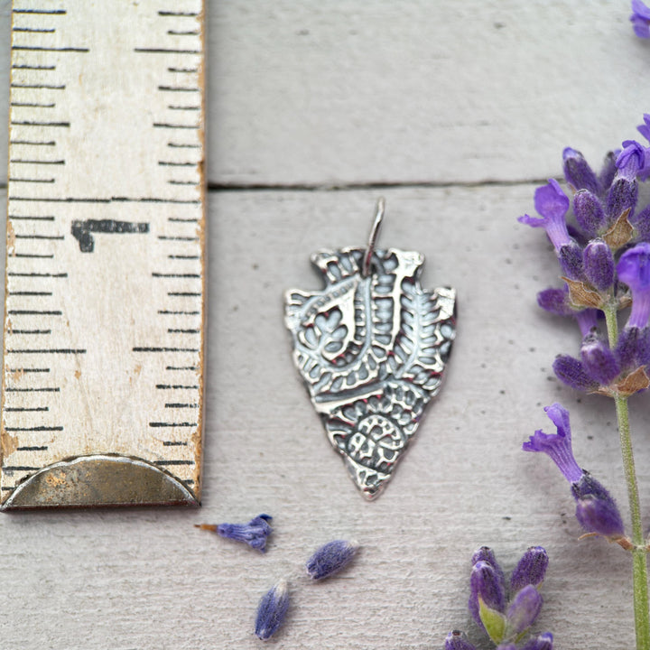 Small Sterling Silver Arrowhead Pendant – Hand Stamped Paisley Boho Silver Charm – Protective Amulet – Gift for Her or Him - SunlightSilver