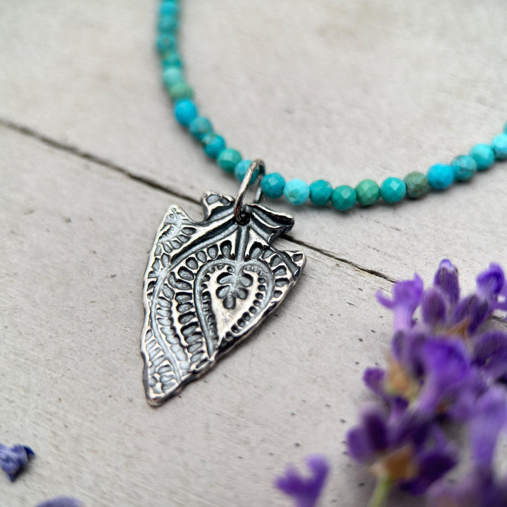 Small Sterling Silver Arrowhead Pendant – Hand Stamped Paisley Boho Silver Charm – Protective Amulet – Gift for Her or Him - SunlightSilver