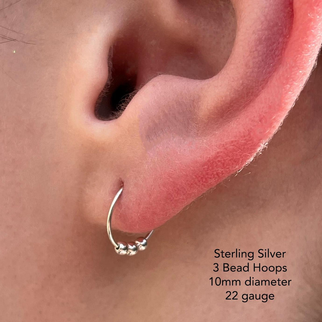 Small Rose Gold Hoops - 14k Small Sleeper Earrings - 3 Bead Minimalist Huggies - SunlightSilver