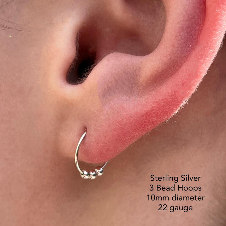 Small Rose Gold Hoops - 14k Small Sleeper Earrings - 3 Bead Minimalist Huggies - SunlightSilver