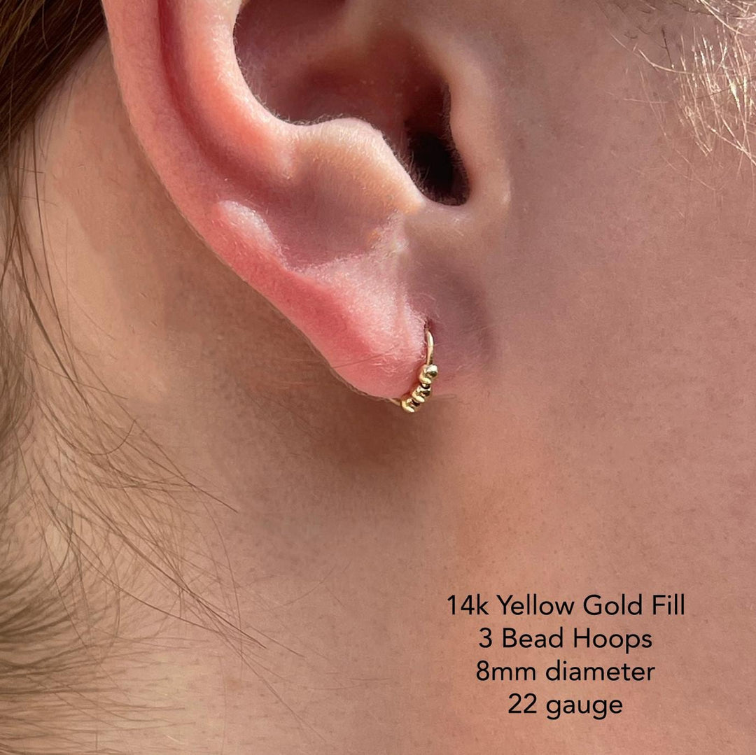 Small Silver Hoop Earrings - 3 Bead Sleeper Huggies - Minimalist Everyday 24-7 Earrings - SunlightSilver