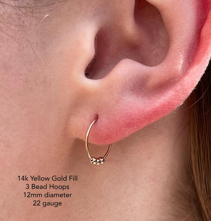 Small Silver Hoop Earrings - 3 Bead Sleeper Huggies - Minimalist Everyday 24-7 Earrings - SunlightSilver