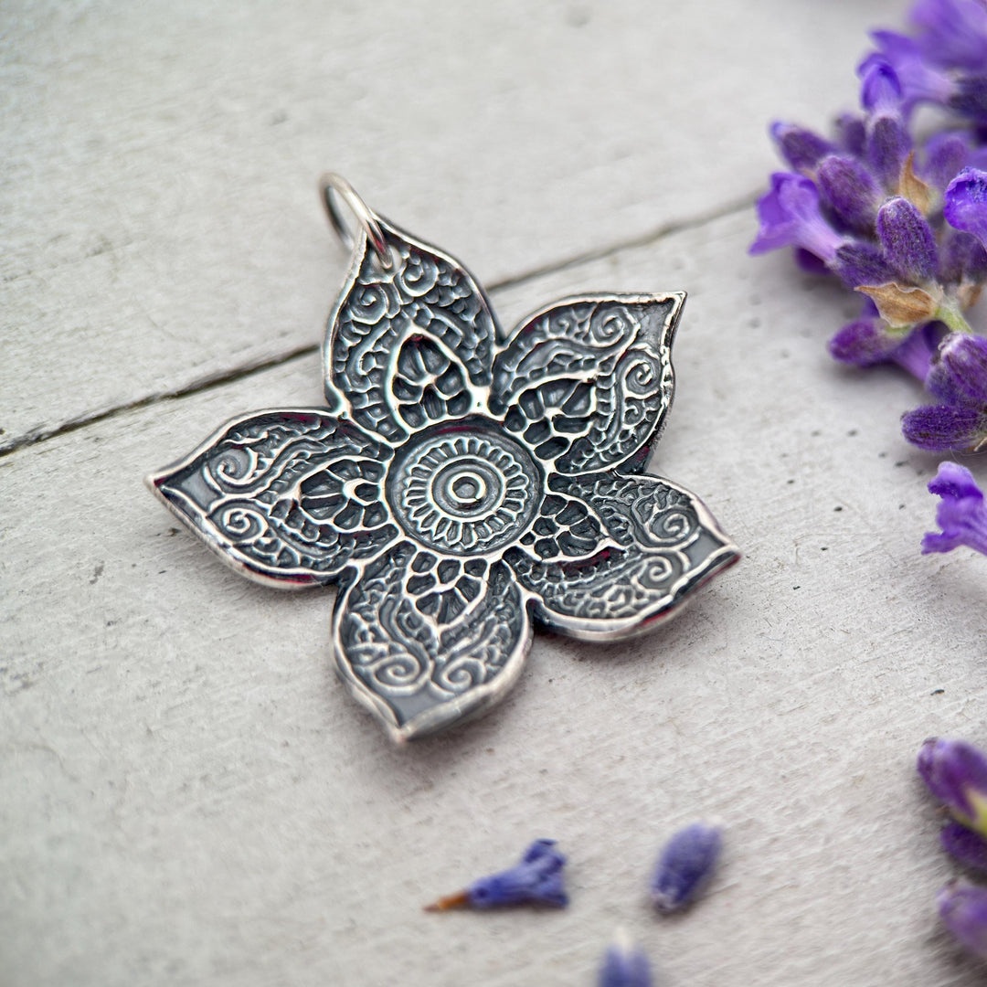 Large Sterling Silver Flower Necklace. Solid 925 Sterling Silver Paisley Flower Pendant. Big Bohemian Mandala Flower Necklace. - SunlightSilver