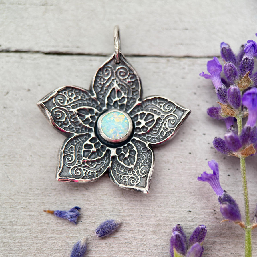 Opal and Sterling Silver Flower Necklace - SunlightSilver