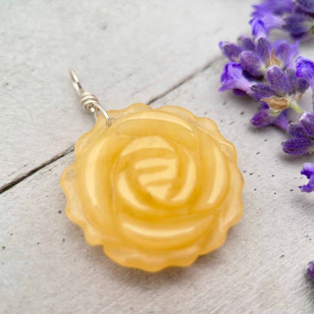 Carved Yellow Jade Flower and Sterling Silver Bee Charm Necklace - SunlightSilver