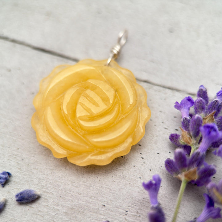 Carved Yellow Jade Flower and Sterling Silver Bee Charm Necklace - SunlightSilver