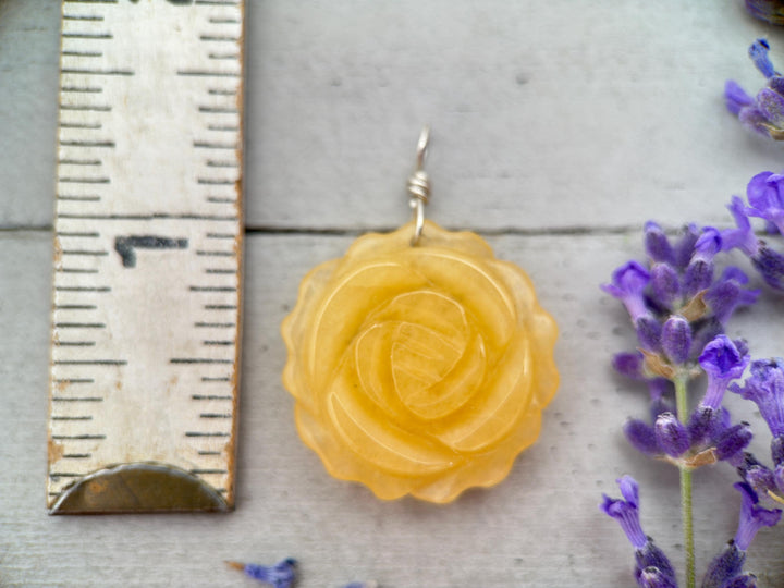 Carved Yellow Jade Flower and Sterling Silver Bee Charm Necklace - SunlightSilver