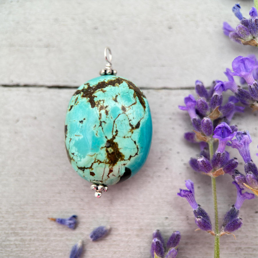 Large Turquoise Pendant on a Sterling Silver Chain - SunlightSilver