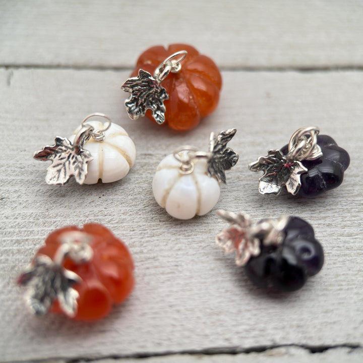 Gemstone Tiny Pumpkin and Sterling Silver Leaf Pendant - Carnelian, Amethyst, or White Opal - Fall Autumn Halloween Jewelry - SunlightSilver