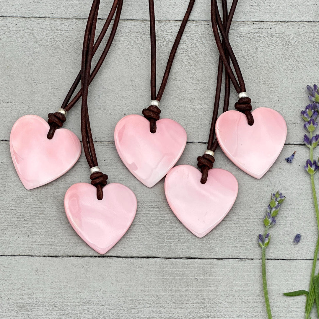 Pink Queen Conch Shell Heart, Solid 925 Sterling Silver, Freshwater pearl and Rustic Leather Necklace - SunlightSilver