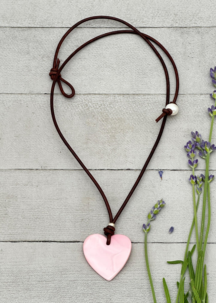 Pink Queen Conch Shell Heart, Solid 925 Sterling Silver, Freshwater pearl and Rustic Leather Necklace - SunlightSilver