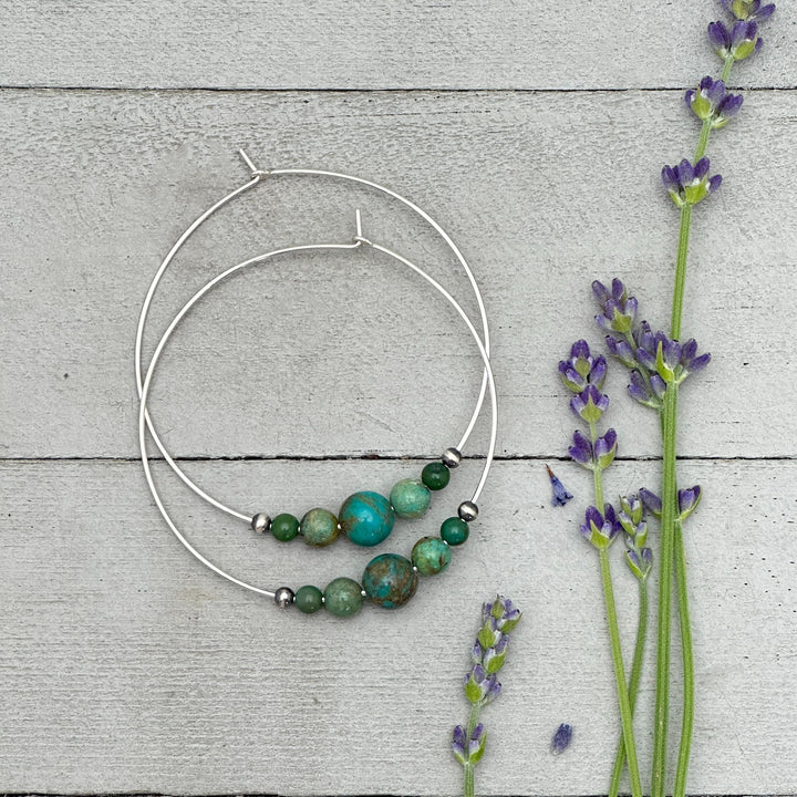 Turquoise, Navajo Pearls on Large 2 inch Sterling Silver Hoop Earrings - SunlightSilver
