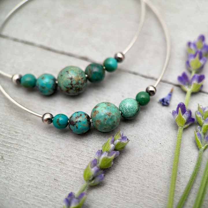 Turquoise, Navajo Pearls on Large 2 inch Sterling Silver Hoop Earrings - SunlightSilver