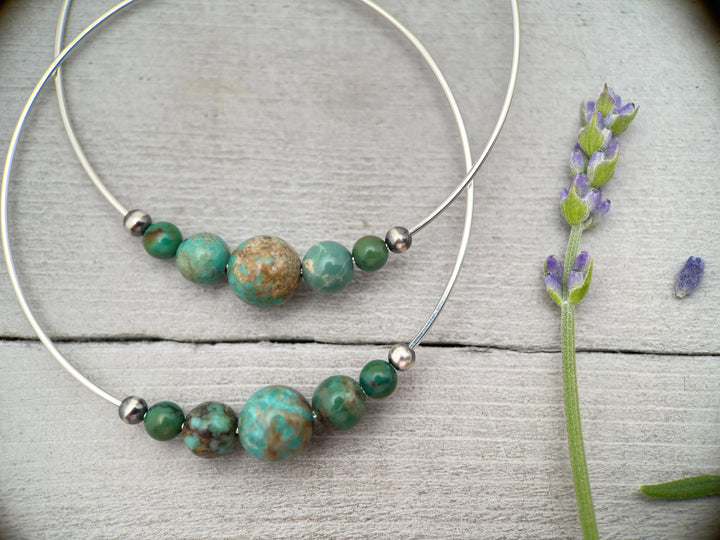 Turquoise, Navajo Pearls on Large 2 inch Sterling Silver Hoop Earrings - SunlightSilver
