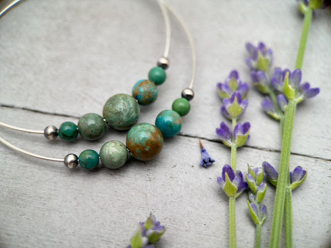 Turquoise, Navajo Pearls on Large 2 inch Sterling Silver Hoop Earrings - SunlightSilver