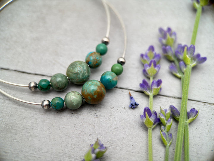 Turquoise, Navajo Pearls on Large 2 inch Sterling Silver Hoop Earrings - SunlightSilver