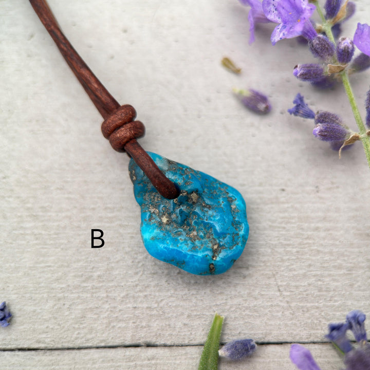 Blue Kingman Turquoise Nugget Leather Necklace - SunlightSilver