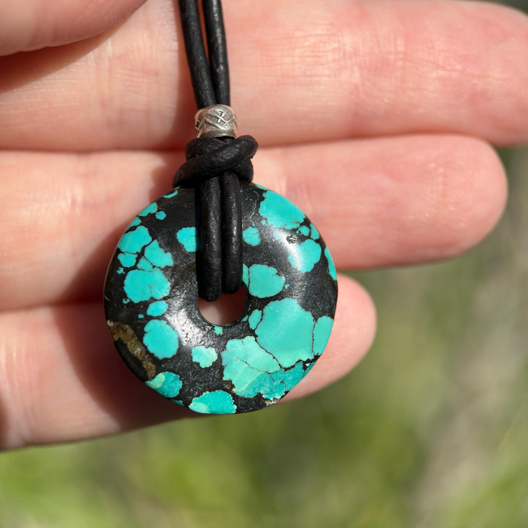Teal Turquoise Donut and Rustic Black Leather Necklace - Blue Green - SunlightSilver