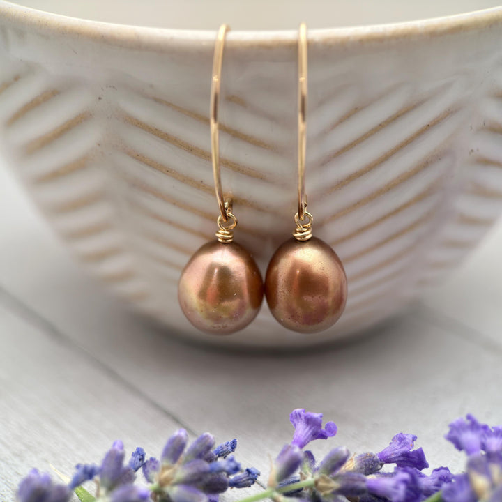 Bronze Brown Freshwater Pearl and 14k Yellow Gold Earrings - Copper Brown - SunlightSilver