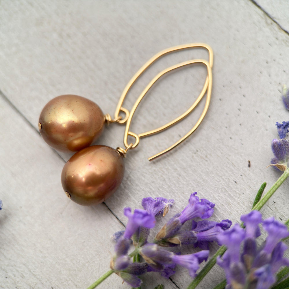 Bronze Brown Freshwater Pearl and 14k Yellow Gold Earrings - Copper Brown - SunlightSilver