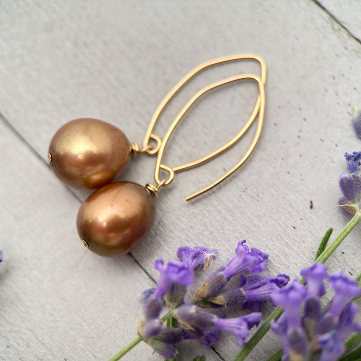 Bronze Brown Freshwater Pearl and 14k Yellow Gold Earrings - Copper Brown - SunlightSilver