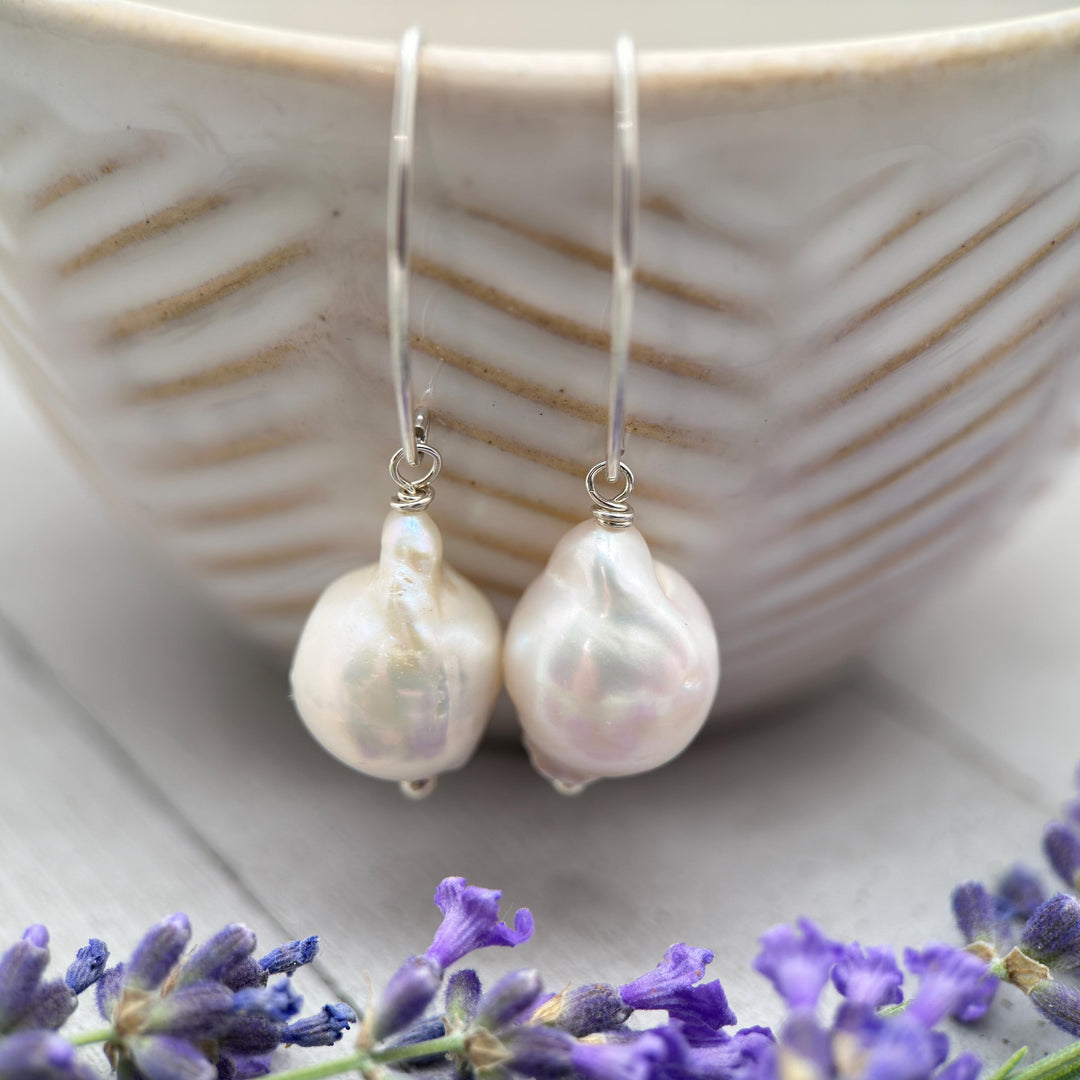 White Baroque Pearl Earrings - Solid 925 Sterling Silver - Unique, Large 13-17mm Freshwater Pearls - SunlightSilver