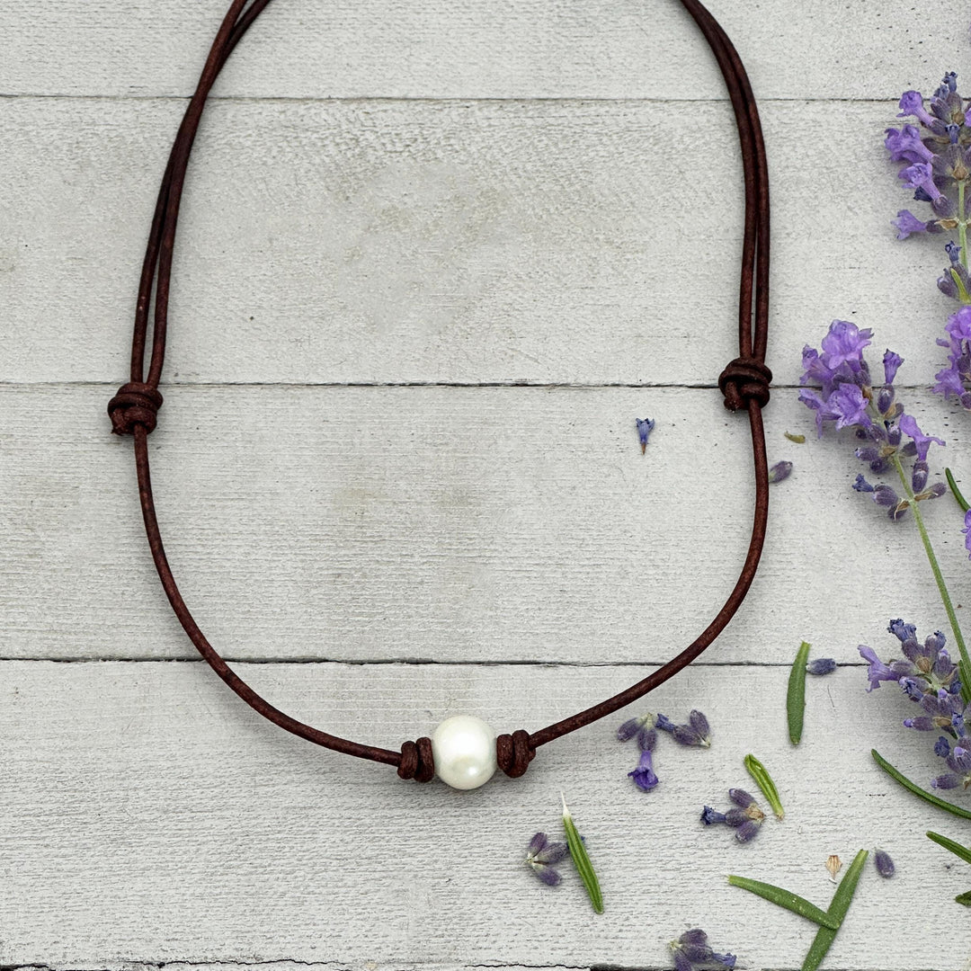 Leather & Pearl Necklace – Large 11-12mm Round Pearl - Adjustable with Black or Brown Cord - SunlightSilver