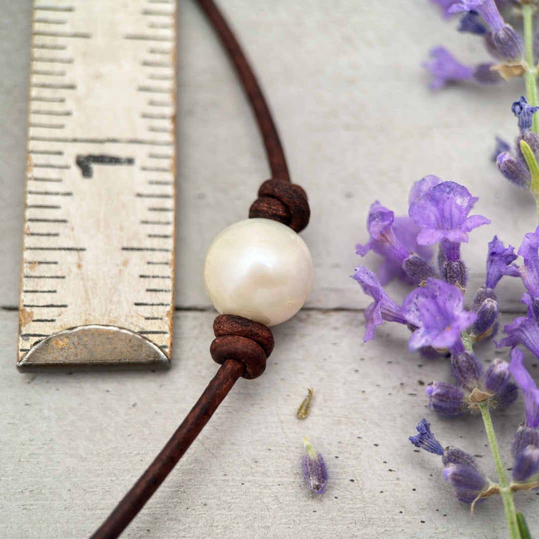 Leather & Pearl Necklace – Large 11-12mm Round Pearl - Adjustable with Black or Brown Cord - SunlightSilver