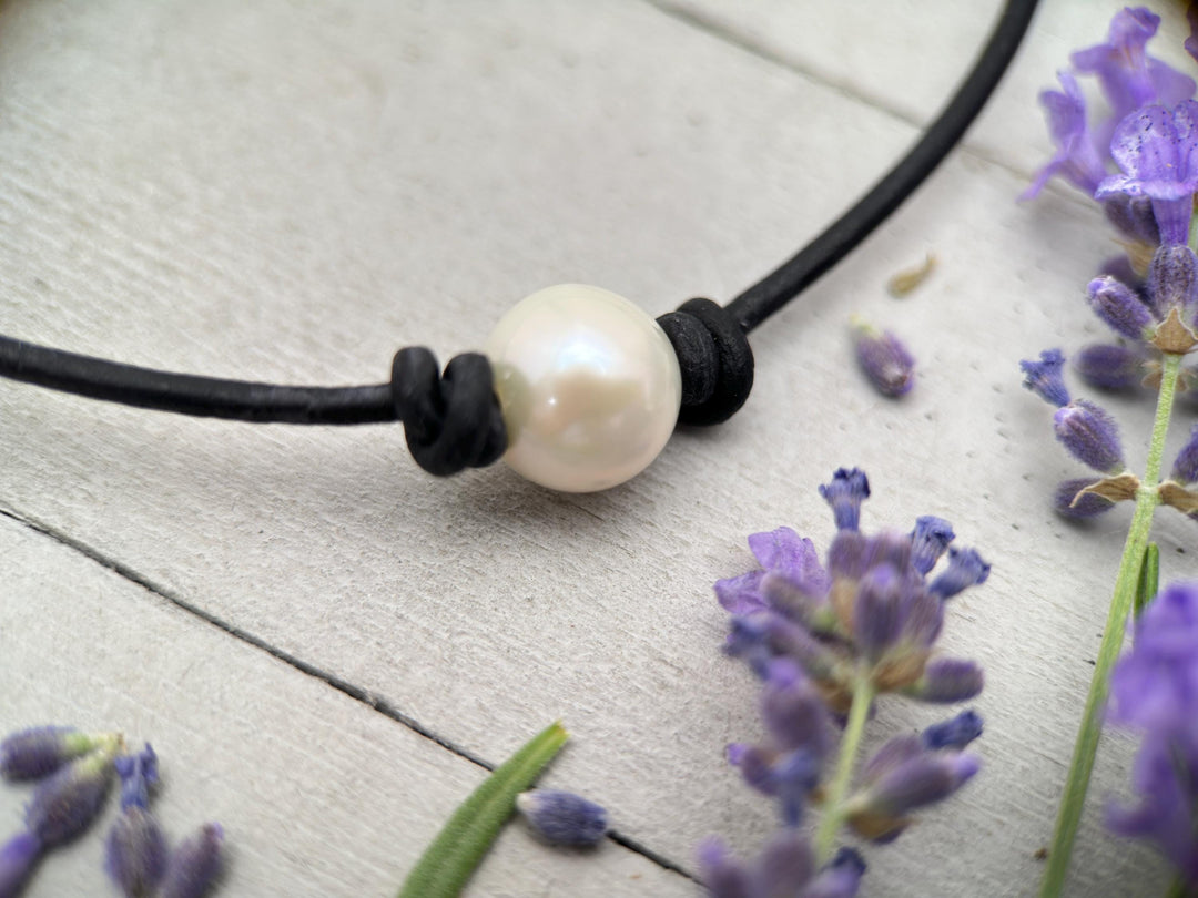 Leather & Pearl Necklace – Large 11-12mm Round Pearl - Adjustable with Black or Brown Cord - SunlightSilver