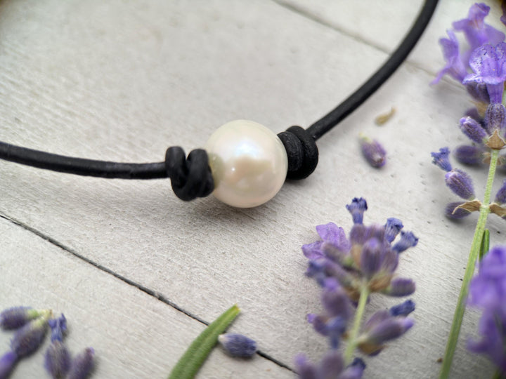 Leather & Pearl Necklace – Large 11-12mm Round Pearl - Adjustable with Black or Brown Cord - SunlightSilver